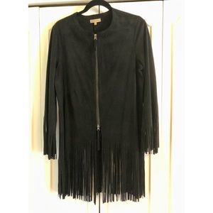 Democracy Faux Suede Fringe Black Jacket/ Top